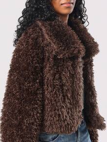 SUMWON Abrigo de peluche para adolescentes, chaqueta de piel sintética de invierno cálida y esponjosa de estilo sherpa, abrigo de moda esponjoso con bolsillos laterales para uso casual diario - Marrón - Ver 4