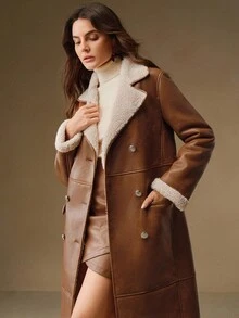 Anewsta 棕褐色仿毛皮领双排扣长款大衣，配腰带，优雅高档，秋冬款 - 咖啡棕 - 查看 5