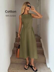 Easowa Đầm suông chữ A cổ tròn, xếp ly eo, đầm midi thanh lịch cho nữ, làm từ vải cotton hữu cơ, thích hợp cho mùa xuân và mùa hè - màu xanh lá - Xem 6