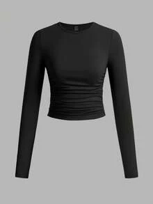 SHEIN EZwear 3pcs/Set Women's Casual Solid Color Crew Neck Ruched Long Sleeve T-Shirts, Black, Dark Grey, White, Autumn/Winter,Fall Tops