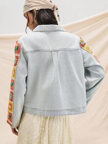 Easelle Veste en jean pour femmes avec manches en laine colorée, coutures, veste d'automne et d'hiver