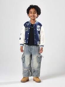 SUMWON Toddler Boys Brooklyn Varsity Bomber Jacket Letter Graphics New York State Number 23 Casual Baseball Outerwear With Stars And Stripes