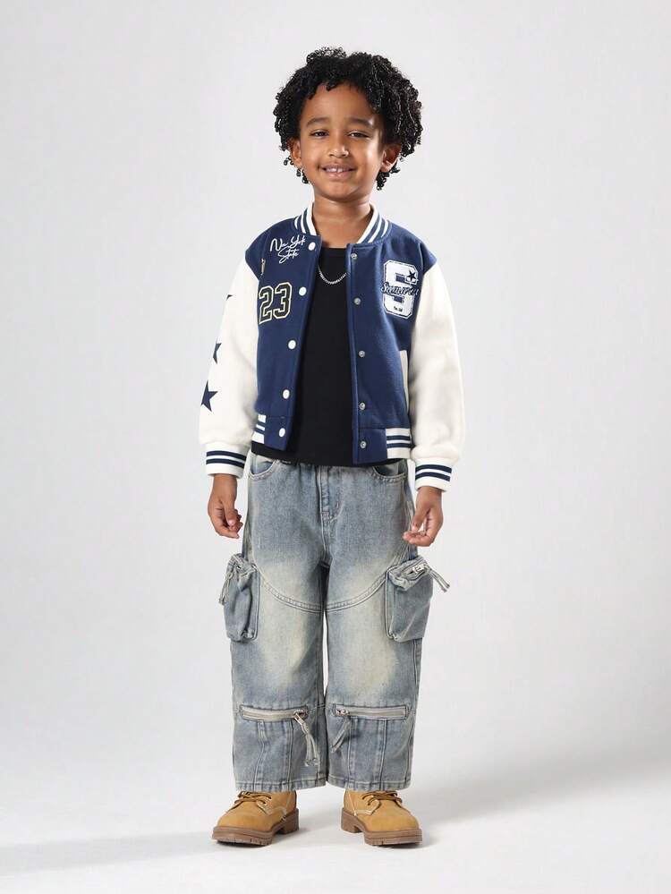 Varsity Bomber Jacket With Contrasting Sleeves And Letter Graphics