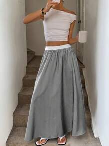 Easowa 撞色腰带斜口袋裙，条纹休闲度假优雅街头服饰女式条纹长裙夏季 - 黑與白 - 查看 3