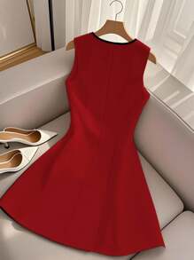 Selianne Summer V-Neck Sleeveless A-Line Waist Design Elegant Dress - Red - View 2