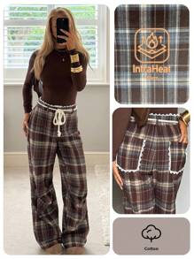 SHEIN EZwear Women's Fall Autumn And Winter Clothing Retro Casual Home Leisure Brown Kaluli Brushed Plaid Retro Lace Stitching Brown Plaid Pleated Pants - Brown - View 5