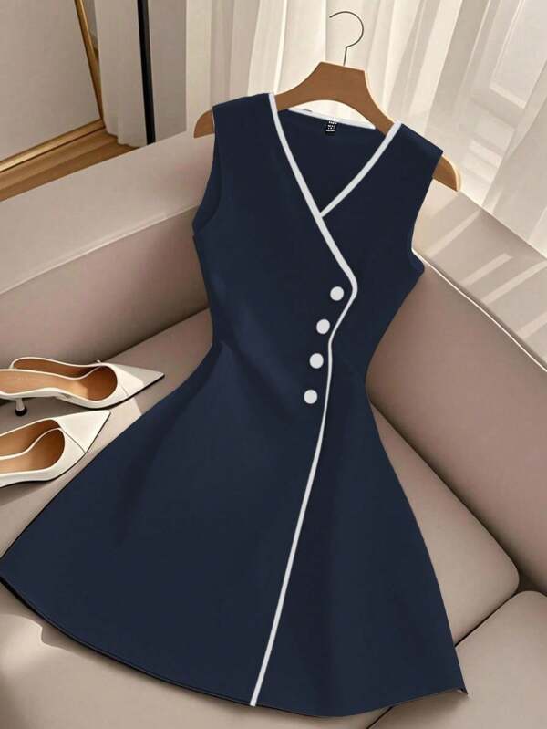 Elenzga Vestido de verano elegante y de moda con cuello en V, sin mangas y cintura entallada en línea A