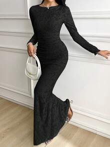 Veilorie Women's Solid Color Round Neck Pleated Fitted Long Sleeve Dress Long Black Elegant Dress - Black - View 4