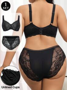 SHEIN Bộ đồ lót ren hoa gợi cảm ôm sát toàn thân cỡ lớn cho nữ - màu đen - Xem 2