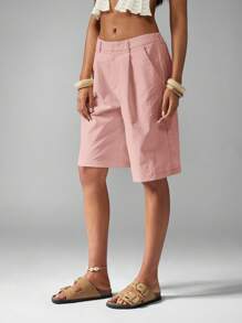 MISSGUIDED 量身定制的亚麻百慕大短裤，高腰阔腿，夏季海滩散步口袋，轻盈及膝，女士休闲度假装 - 藕粉色 - 查看 7