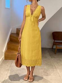 Easowa Váy midi thêu màu trắng buộc dây phía trước dành cho nữ, thích hợp mặc khi đi tốt nghiệp, đám cưới, đi nghỉ và mặc hàng ngày - Màu vàng - Xem 2
