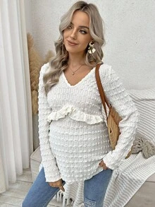 SHEIN 孕妇纯色纹理V领长袖上衣 - 杏色 - 查看 4