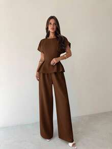 Firerie Conjunto de 2 piezas de verano para mujer: Blusa de manga corta con cuello redondo, plisada en la cintura, textura de bambú en color amarillo albaricoque + Pantalón ancho y suelto. Estilo retro, versátil para uso diario, oficina, aeropuerto, viajes. Elegante y sencillo para maestras, oficina, salidas.