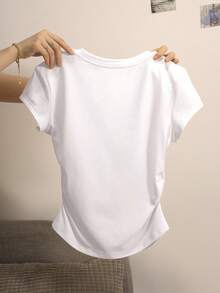 INAWLY Women's Right Shoulder Round Neck Ruffle Edge Slim Fit Short Sleeve Casual T-Shirt - White - View 2