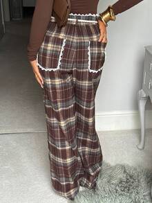 SHEIN EZwear Women's Fall Autumn And Winter Clothing Retro Casual Home Leisure Brown Kaluli Brushed Plaid Retro Lace Stitching Brown Plaid Pleated Pants - Brown - View 3
