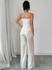 Selianne Bộ 2 món áo trễ vai thanh lịch màu trơn cho nữ và quần ống đứng - Màu be - Xem 2