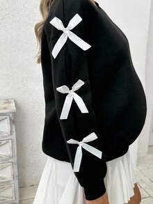 SHEIN Women's Long Sleeve Crew Neck Sweatshirt, Bowknot Cuff Decor, Maternity Autumn - Black - View 4