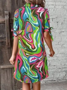 女式大理石印花领带袖口宽松休闲衬衫领连衣裙 - 彩色 - 查看 2