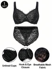 SHEIN Bộ đồ lót ren hoa gợi cảm ôm sát toàn thân cỡ lớn cho nữ - màu đen - Xem 6