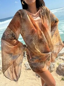 Opulessa Women's Sexy Tie-Dye Draped Neck Flare Sleeve Mini Dress, Vacation Wear Beach Cover Up,Going Out,Wedding Clothes,Business Casual Woman Style,Concert, Party, Club Outfits, Fall Women Clothes , Tan Cover Up, Chic Autumn,Going Out Outfit, National Day Outfit, Elegant Party Dress ,Graduation Dress, Prom Dress ,Luxury Evening Dresses For Women - Rust Brown - View 5