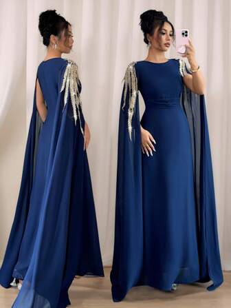 SHEIN Raffinéa Elegant chiffongklänning med volangdetaljer och skärp i midjan för kvinnor, lämplig för bankett, vardagskläder, lyxig klänning