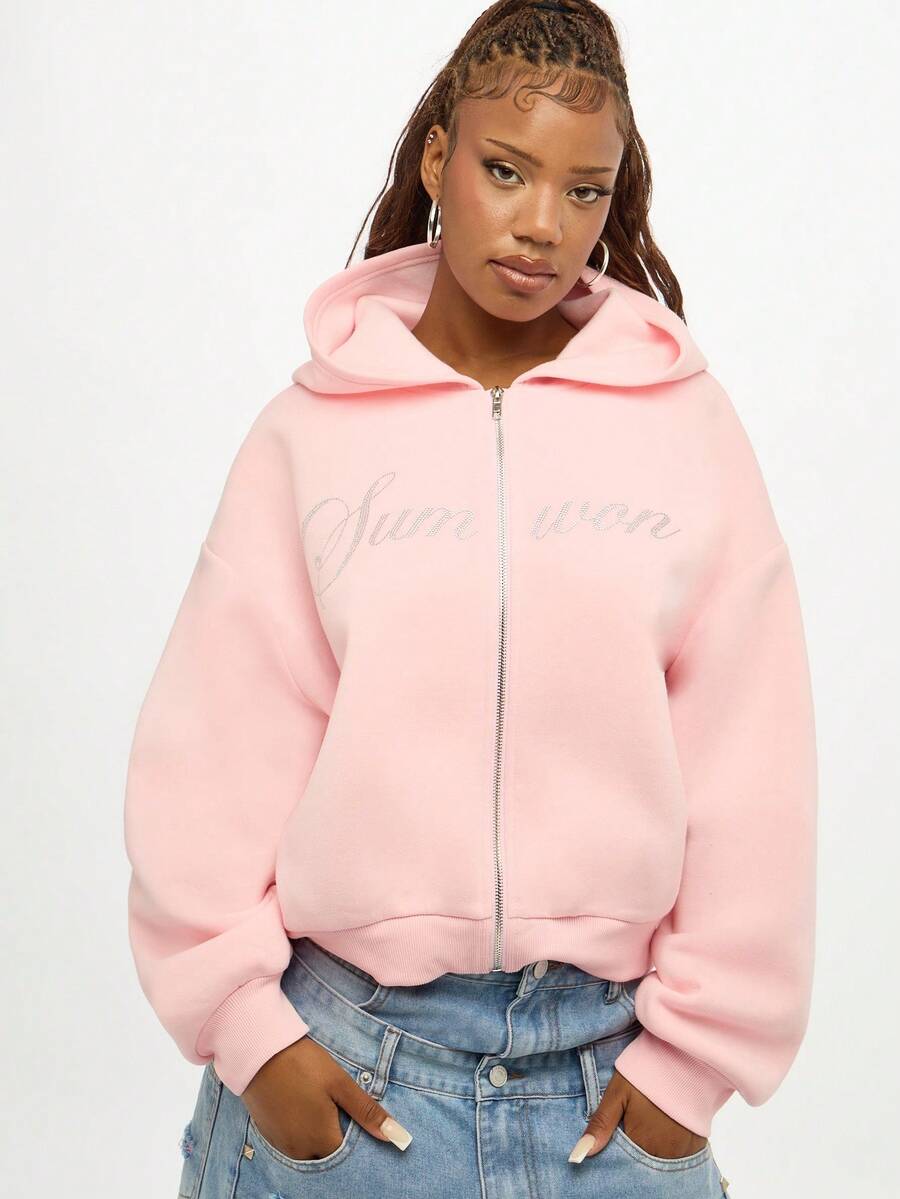 SUMWON WOMEN Full Zip Hoodie Cropped Sweatshirt With Drawstring Adjustable Hood Cozy Loungewear Pastel Fall Winter Essential Streetwear
