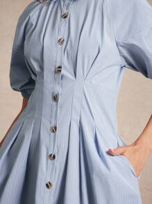 WESTFADE Striped Collared Button Front Short Puff Sleeve Pleated Fit & Flare Mini Shirt Dress Back To School Cute Fall Clothes Summer Country Concert - Blue - View 4