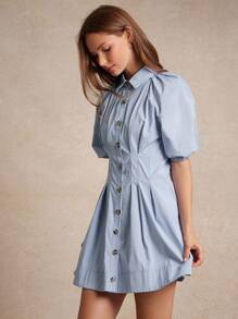 WESTFADE Striped Collared Button Front Short Puff Sleeve Pleated Fit & Flare Mini Shirt Dress Back To School Cute Fall Clothes Summer Country Concert - Blue - View 5