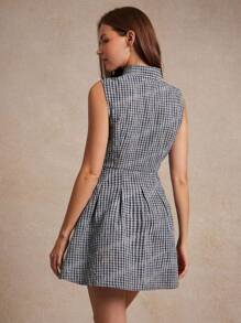 WESTFADE 格纹梭织无袖褶皱修身喇叭迷你 Polo 衫 返校可爱秋装夏季乡村音乐会