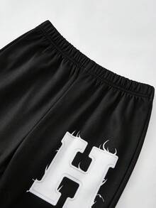 SHEIN 2 件装青少年男孩休闲运动街头时尚抓绒材质大字母图案连帽运动衫和喇叭裤套装适合儿童服装幼儿男孩服装返校男孩套装适合生日派对、晚会、表演、婚礼、洗礼、开幕式日常适合日常使用适合上学适合旅行适合运动适合秋冬季节 - 黑色 - 查看 7