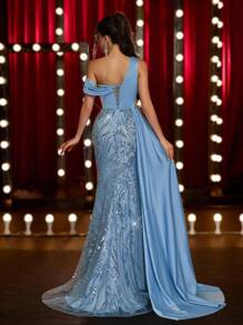 Glamrae Váy dạ hội xẻ tà gợi cảm xẻ tà màu xám xanh thanh lịch, thêu hoa văn thủ công bằng vải satin, đính ren bất đối xứng, tay áo Dolman khoét rỗng, trang trí xếp nếp, viền đuôi cá, gợi cảm dành cho nữ - Xám Xanh - Xem 4