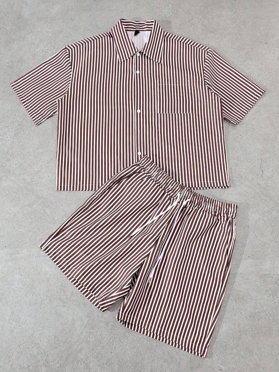 Manfinity EMRG Men's Blue And White Stripe Short Sleeve Shirt & Shorts Set,Oversized Boxy Fit,Summer Casual Vacation Street Style,Matching Set With Pockets Gift - Multicolor - View 1
