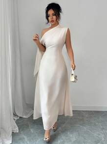 Rafferiza Vestido camisero largo y sin mangas de unicolor y elegante, de color claro, con estilo minimalista - Albaricoque - Ver 4