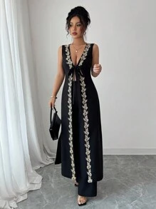 Elenzga Halloween V-Neck Tie Waist Sleeveless A-Line Top With Gold Floral Trim Vest And Straight Leg Pants, Elegant & Romantic Women 2 Pieces Set - Black - View 4