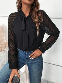 Islaluna Contrast Mesh Raglan Sleeve Tie Neck Blouse Fall Cloth For Women - Black - View 3