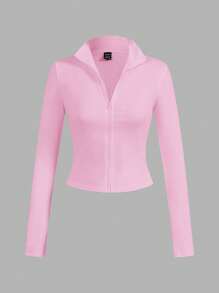 SHEIN EZwear 2pcs Pink & Black Knit Zip-Up Long Sleeve T-Shirt For Women, Suitable For Autumn/Winter,Fall Tops - Multicolor - View 3