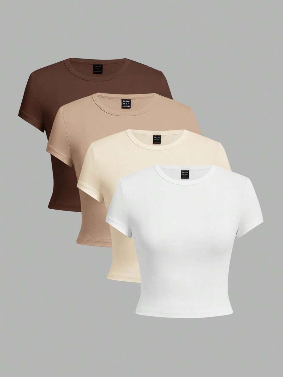 SHEIN EZwear 4 件套深棕色、卡其色、米色、白色休闲圆领短袖修身女式 T 恤，适合夏季 - 彩色 - 查看 1