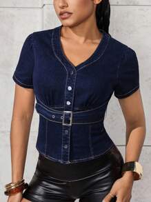 SHEIN Unity Casual Waist Cinched Short Sleeve Women's Denim Jacket, Suitable For Everyday Wear - Blue - View 4