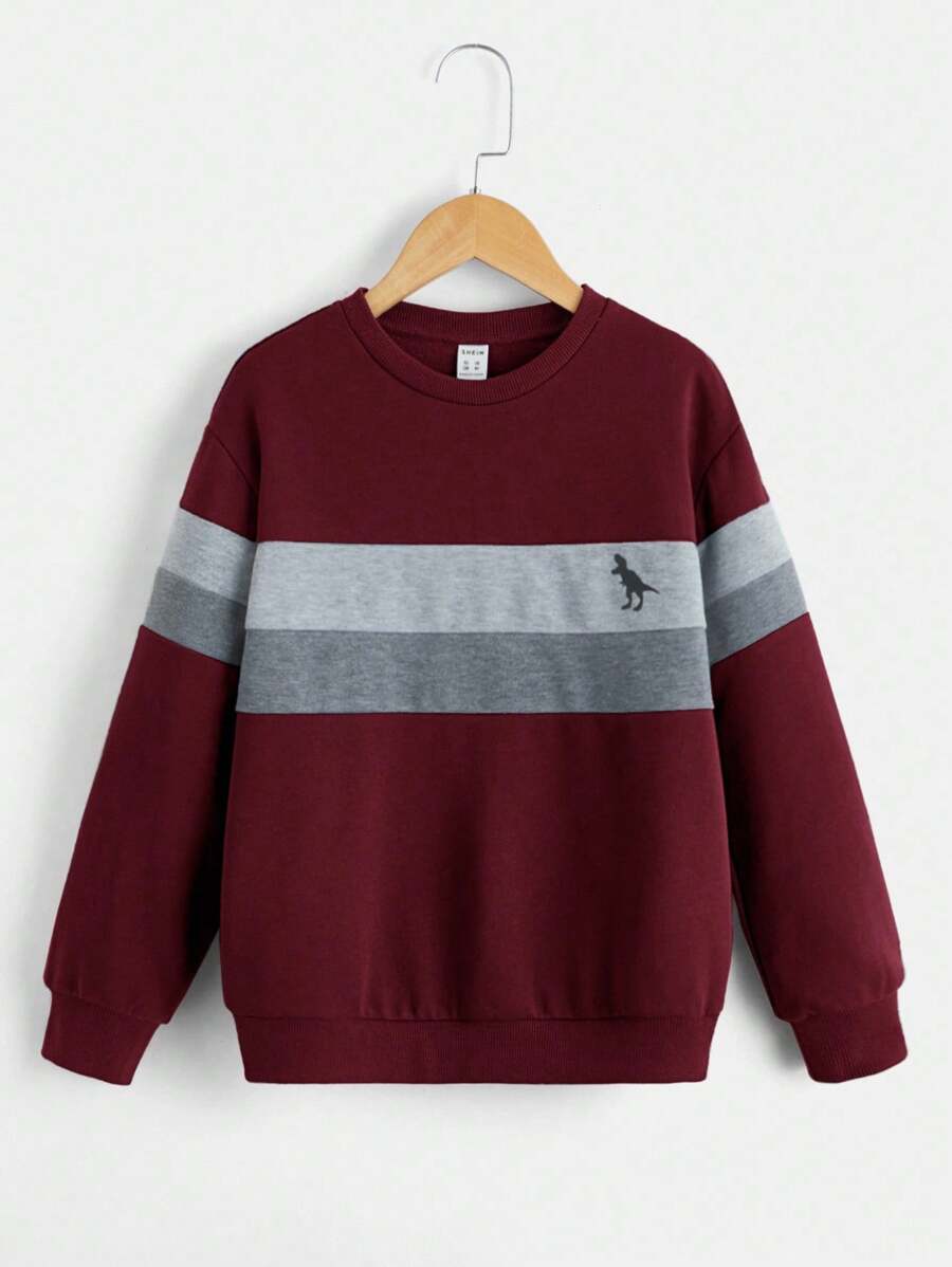 Sweatshirt Lengan Panjang Leher Bulat Motif Dinosaurus Abu-abu Garis Kontras untuk Anak Laki-laki Remaja, Pakaian Sekolah Kasual Musim Gugur untuk Kembali ke Sekolah, Musim Dingin dan Gugur - Burgundy - View 1