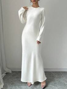 Selianne Elegant Spring & Autumn Round Neck Fish-Tail Long Dress Maxi Women Outfit Fall Cloth For Women - Champagne - View 3