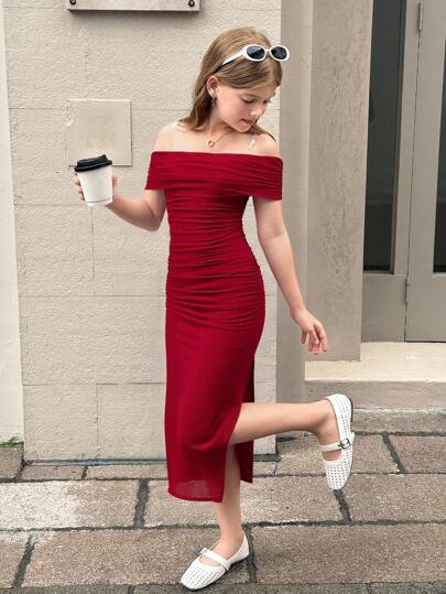 SHEIN Serisse Kids Vestido elegante rojo de hombros descubiertos, ajustado, con pliegues y malla para niñas preadolescentes, vestido de fiesta