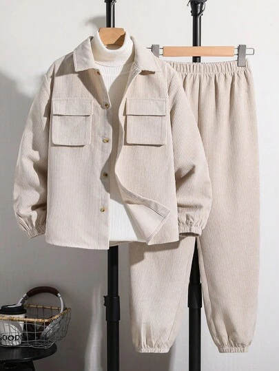SHEIN 2-Piece Tween Boy Casual Pocket Turn-Up Collar Corduroy Open-Front Long-Sleeve Shirt And Loose-Fitting Long Pants Woven Two-Piece Suit Suitable For School, Garden, Beach, Birthday, Spring, Summer, Autumn, Winter Fall, Winter Season Boys Corduroy Pants Set Teen Boy Corduroy Outfit Boys Corduroy Two Piece Set Boys Autumn Winter Corduroy Set Boys Casual Corduroy Set Vintage Trousers