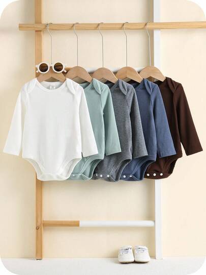 SHEIN 5pcs/Set Newborn Baby Unisex Solid Color Long Sleeve Bodysuit, Casual Knit Basic Bodysuit Outfit, Baby Winter Clothes Fall