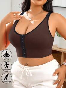 SHEIN حمالة صدر رياضية للنساء بحجم كبير مع إغلاق أمامي، ألوان متباينة، قمصان نوم قصيرة، حمالة صدر رياضية سلسة خالية من السلك، مريحة وبسيطة