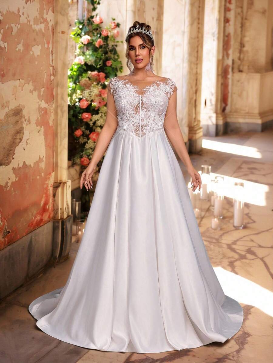 Glamrae 大码优雅浪漫奢华白色网眼刺绣船领串珠荷叶边长裙，带可拆卸拖尾，适合晚会、婚礼、蜜月、新娘 - 白色 - 查看 1