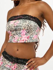 SUMWON WOMEN Leopard Floral Print Lace Trim Bandeau Crop Top Summer Festival Party Holiday Club Boob Tube Style Ruched Strapless Bustier - Multicolor - View 2