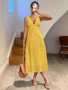 Easowa Váy midi thêu màu trắng buộc dây phía trước dành cho nữ, thích hợp mặc khi đi tốt nghiệp, đám cưới, đi nghỉ và mặc hàng ngày - Màu vàng - Xem 5