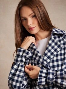 WESTFADE Gingham Notch Collar Double Breasted Boxy Fit Cropped Trench Coat Back To School Cute Fall Clothes