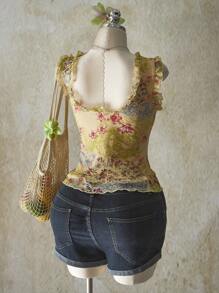 SHEIN ICON 加大码粉色佩斯利花纹 V 领荷叶边下摆网眼背心，适合夏季，Y2K 复古佩斯利花纹，毕业/返校季夏装，暑假 - 綠色 - 查看 8