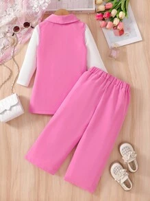 3 件女童套装：白色长袖圆领 T 恤 + 串珠粉色背心 + 宽松松紧腰阔腿裤，适合日常、通勤、休闲装、返校季、所有季节 - 粉色 - 查看 3